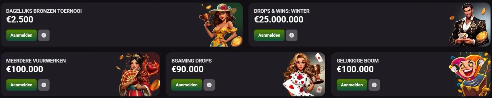 Toernooien bij Winzoria Casino met prijzenpotten tot €25.000.000, waaronder Drops & Wins Winter en het Dagelijks Bronzen Toernooi