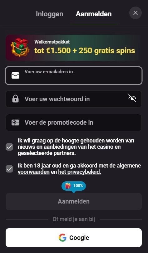 Winzoria Casino registratieformulier met welkomstpakket tot €1.500 + 250 gratis spins